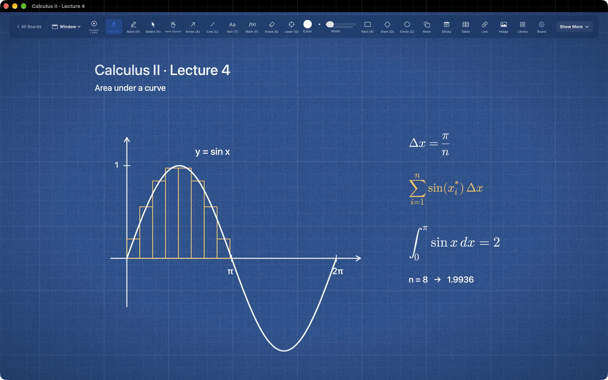 A calculus lecture on Blueprint paper: Riemann sums under y = sin x and the integral