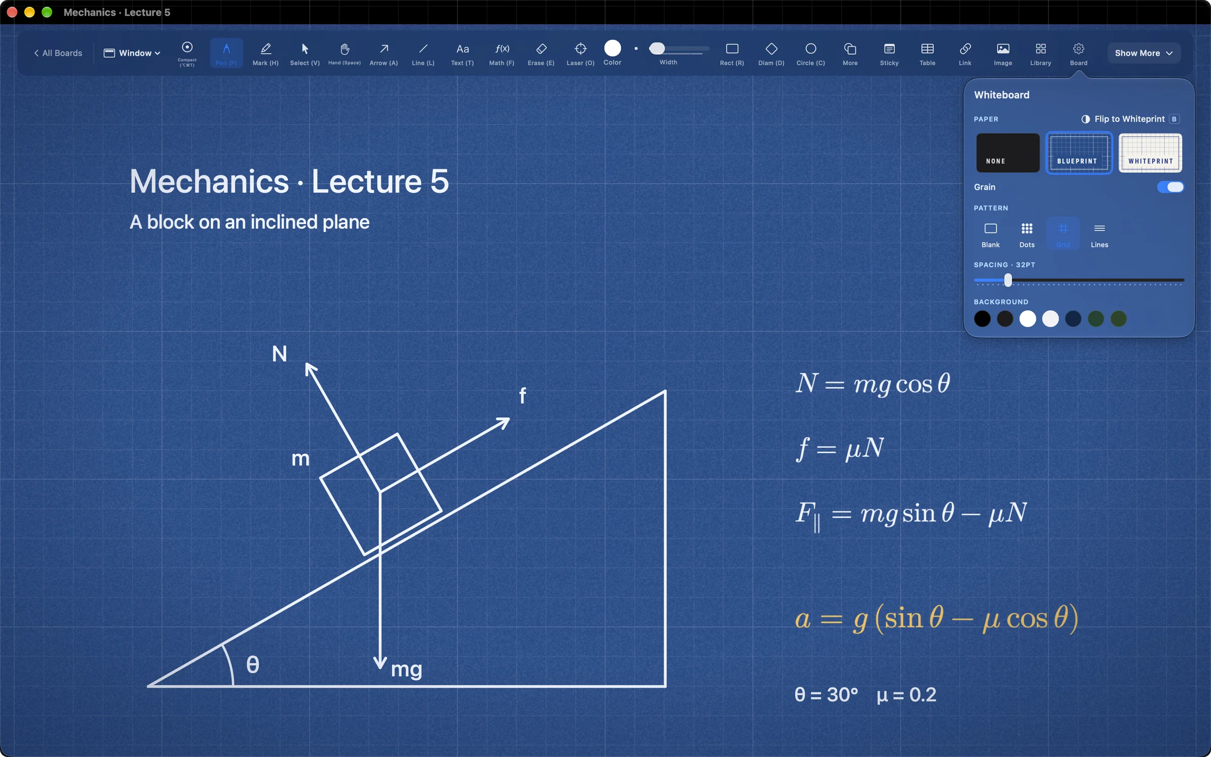 A mechanics lecture on Blueprint paper, with the Board menu open on Paper, Grain, and Background