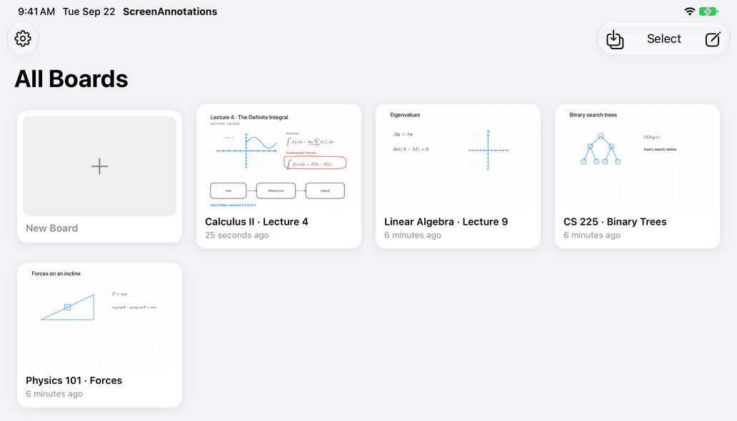 All Boards gallery on iPad with course boards